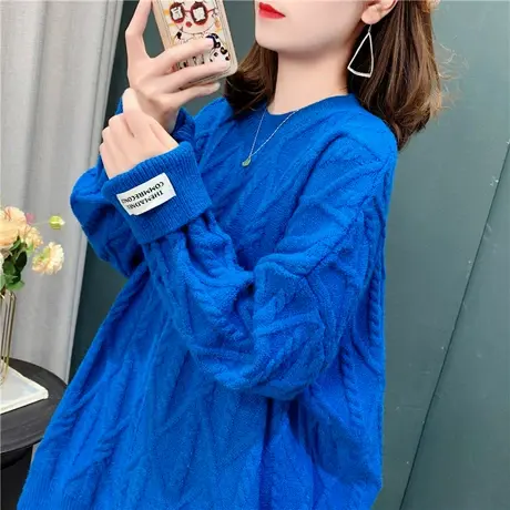克莱因蓝毛衣女中长款外穿加厚复古宽松慵懒风洋气麻花打底针织衫商品大图