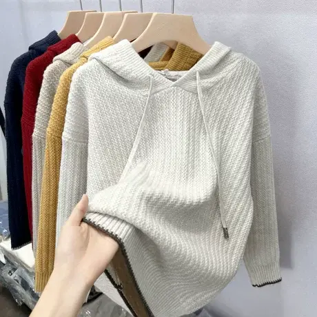 2024年秋冬新款连帽毛衣女宽松外穿套头长袖卫衣帽子衫针织上衣女商品大图