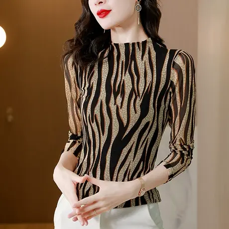性感网纱打底衫女春秋2024新款时尚印花T恤长袖洋气半高领上衣ins图片