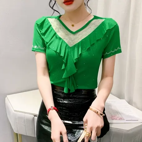 性感网纱上衣女短袖2024夏季新款时尚荷叶边T恤镂空烫钻V领小衫潮商品大图