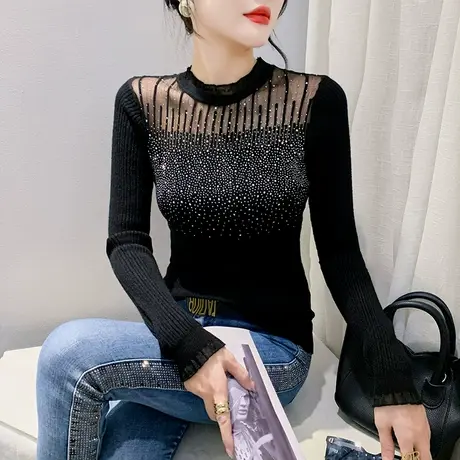 欧货网纱烫钻针织衫性感圆领百搭上衣洋气修身减龄毛衣打底衫秋冬商品大图