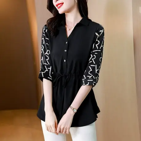 黑色气质中袖衬衣女2023夏季新款收腰遮肚中长款拼接雪纺衫女上衣商品大图