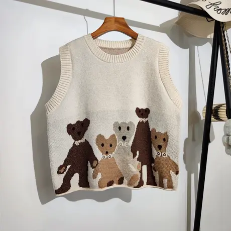 小熊针织马甲女秋冬新款宽松圆领学院风减龄卡通无袖毛衣背心外穿商品大图