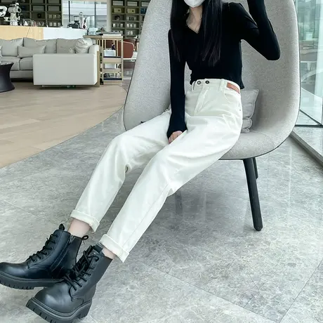 白色哈伦牛仔裤女2024年秋冬新款高腰直筒宽松显瘦九分萝卜老爹裤商品大图