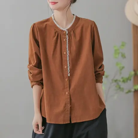 dza 复古荷叶边立领休闲衬衣女士春秋新款宽松显瘦短上衣百搭衬衫图片