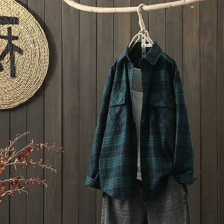 枫谜2021年秋装新款文艺复古格子长袖衬衫女宽松韩版翻领衬衣上衣图片