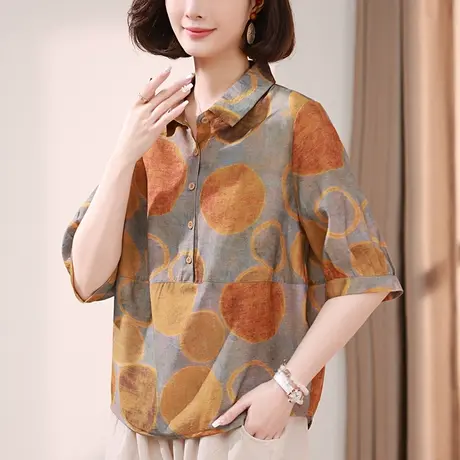 妈妈夏装雪纺夏装女加大码宽松中老年女装洋气半袖印花衬衫女上衣商品大图
