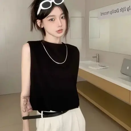 无袖黑色背心T恤女夏季新款设计感小众短款辣妹外穿别致坎肩上衣商品大图