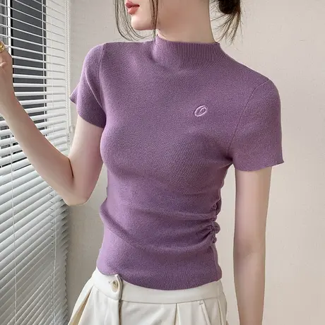 半高领刺绣短袖针织衫女2025早秋新品修身西装内搭上衣正肩打底衫图片
