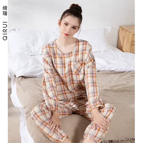 绮瑞2022年新品春秋女款家居服薄款梭织棉时尚少女秋季格子布睡衣商品大图
