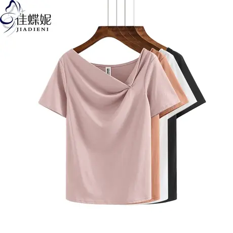 夏季新款宽松休闲斜领短袖上衣体恤打底衫女装纯色内搭T恤莫代尔商品大图