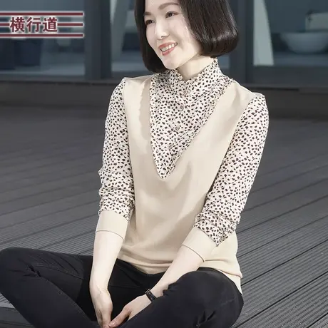 2025新款春季立领假两件宽松长袖T恤女装碎花妈妈休闲打底衫上衣图片