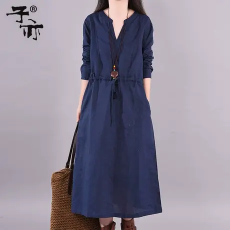 子亦春秋新款韩版休闲宽松大码长袖系带收腰棉麻打底连衣裙女图片