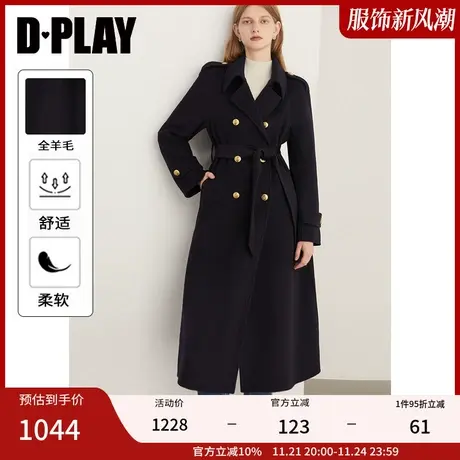 DPLAY年冬季新款黑色大衣女100羊毛收腰长款双面呢子毛呢外套图片