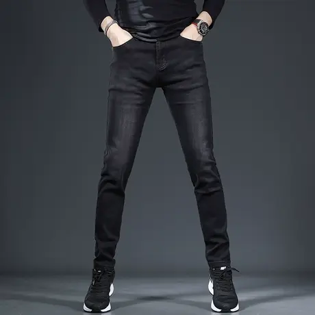 秋季牛仔裤男款修身小脚黑色高端潮牌2022年新款男士休闲裤子简约商品大图