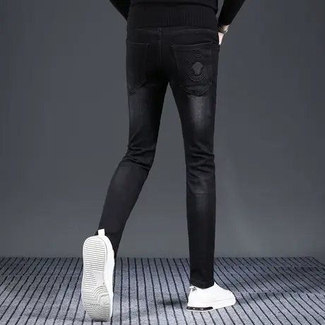 黑色修身小脚牛仔裤男秋冬款2023新款后口袋印花潮流痞帅男生裤子商品大图