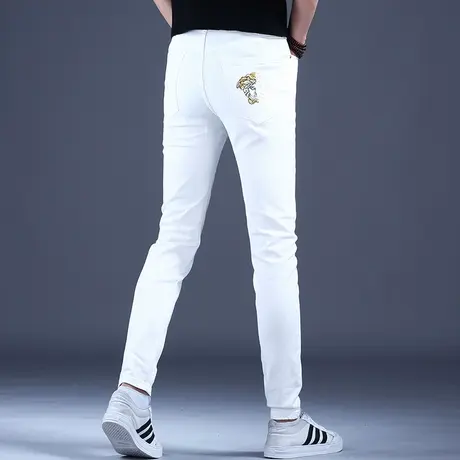 男士白色牛仔裤男款秋冬高档修身小脚裤子2023爆款休闲裤子男潮牌商品大图