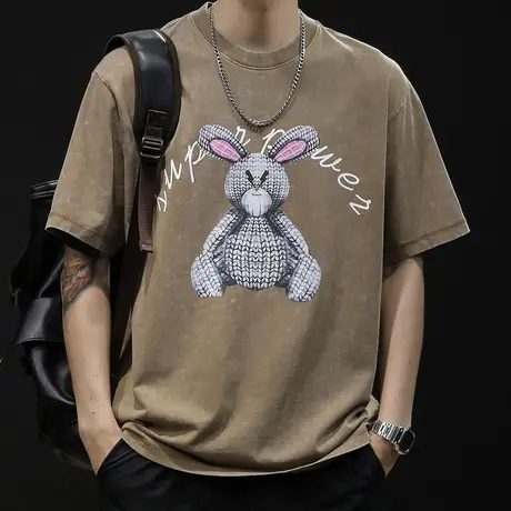 美式潮牌短袖t恤男士半袖夏季2024新款衣服男款大码纯棉男装水洗商品大图