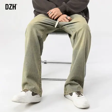 男士高街黄泥色牛仔裤男美式hiphop秋季直筒裤2023新款松紧腰裤子商品大图