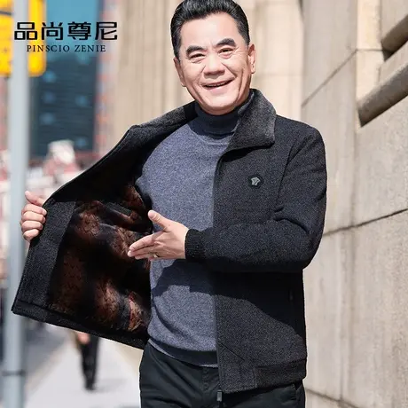 中老年爸爸冬装外套雪尼尔胸口小标装饰舒适加绒加厚翻领男士夹克商品大图