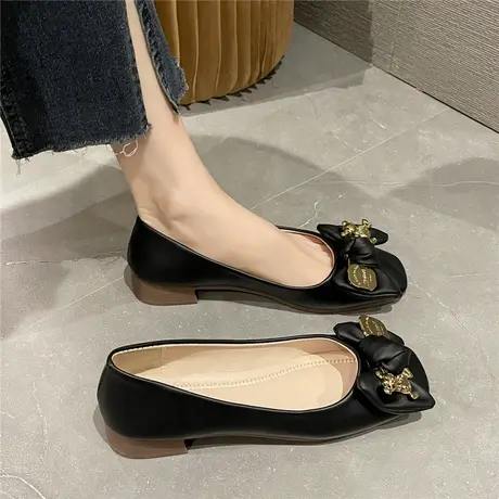 法式复古蝴蝶结软皮奶奶鞋女2024春季新款方头浅口中粗跟百搭单鞋商品大图