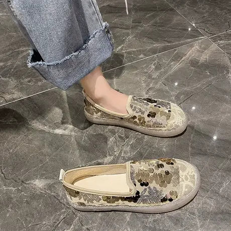 渔夫鞋女夏季平底小香风一脚蹬亮片乐福鞋2024年新款网面透气网鞋商品大图