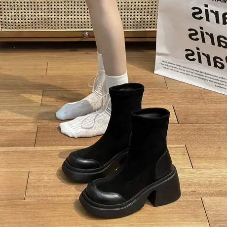 2024欧州站秋季新款小众黑色弹力袜靴女短靴松糕厚底粗跟瘦瘦靴潮商品大图