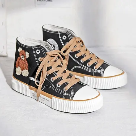 小熊高帮帆布鞋女2024新款春秋季ulzzang百搭ins潮板鞋学生休闲鞋商品大图