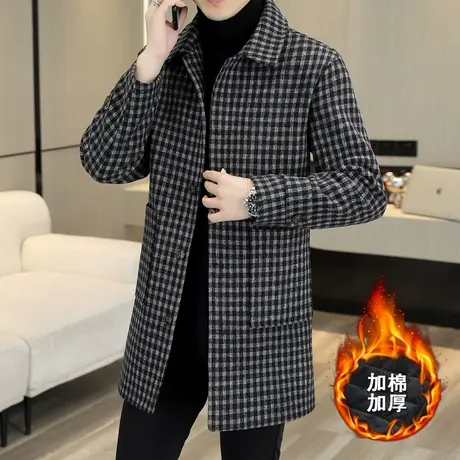 商务休闲毛呢大衣男士中长款加棉加厚男装日系格子加肥加大码外套图片