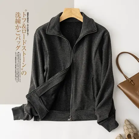 享永子【秋夜晚风】米呢纯色休闲拉链外套宽松简约立领短上衣图片