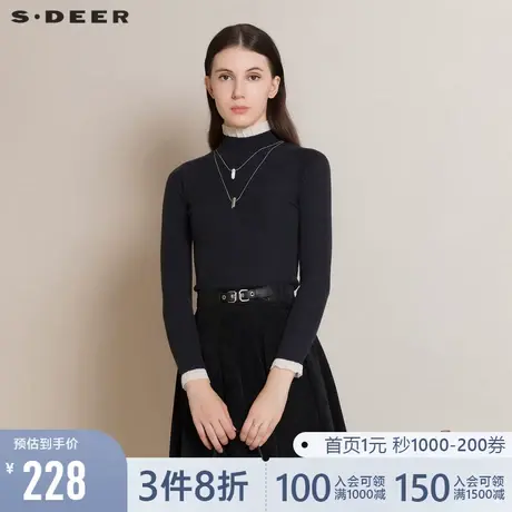 sdeer圣迪奥蕾丝拼接修身100%🚺绵羊毛针织毛衣女S21463516商品大图