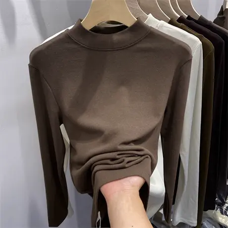 美拉德棕色打底衫女复古chic加绒半高领内搭ins大码保暖修身上衣商品大图