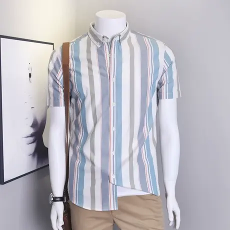 格慕施2023夏季新款纯棉短袖衬衫男牛津纺条纹衬衣宽松大码男装潮图片