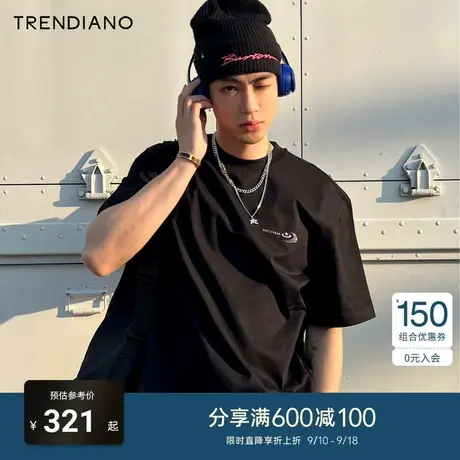 TRENDIANO梅花联名系列2023新款夏季都市运动印花纯棉微阔短袖t恤商品大图