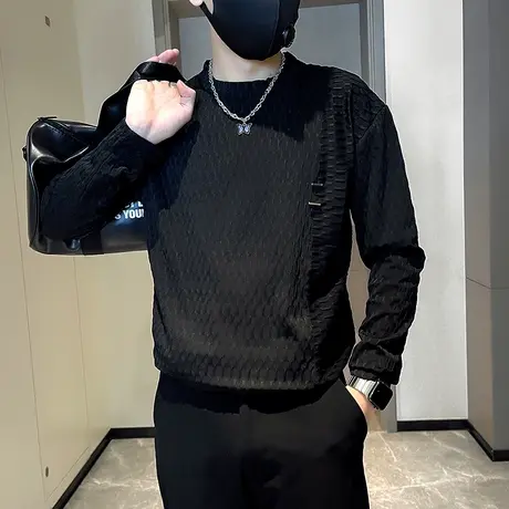 长袖T恤男春秋季肌理感拼接设计内搭打底衫潮牌痞帅休闲卫衣体恤商品大图