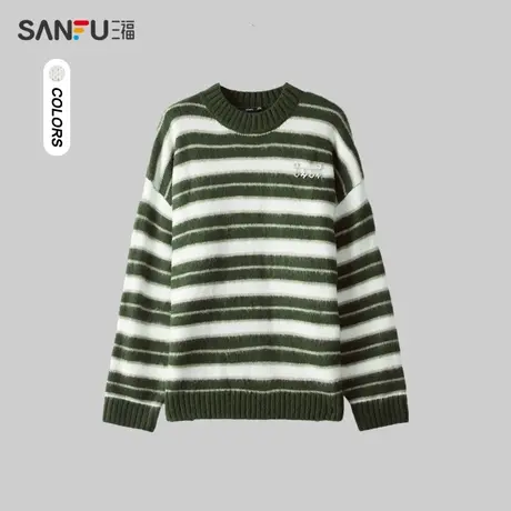 三福2024春季男士条纹抓毛毛衣 休闲潮流慵懒圆领上衣男481191商品大图