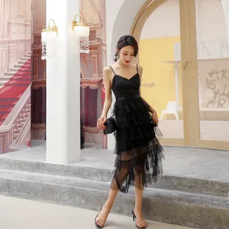黑色女装2024夏季新款修身性感露背气质有女人味的吊带连衣裙子商品大图
