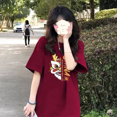 hiphop潮牌大码纯棉洋气短袖女闺蜜装ins潮韩系慵懒风圆领T恤上衣图片