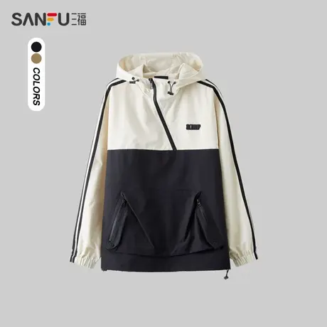 三福2024春季男士斜门襟拼色杠条夹克 复古运动风外套男482410商品大图