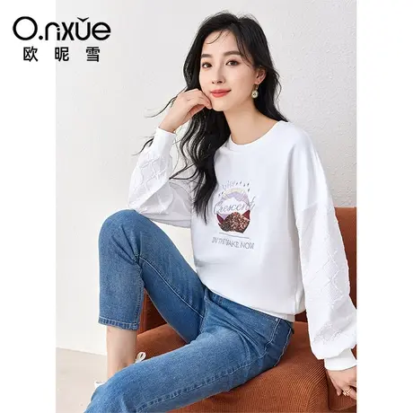 欧昵雪2024春秋新款休闲圆领拼接长袖减龄绣花卫衣女宽松个性上衣图片