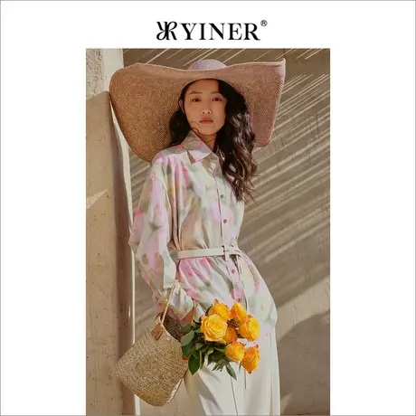 YINER音儿女装2023夏季含桑蚕丝POLO领衬衫印花上衣商品大图