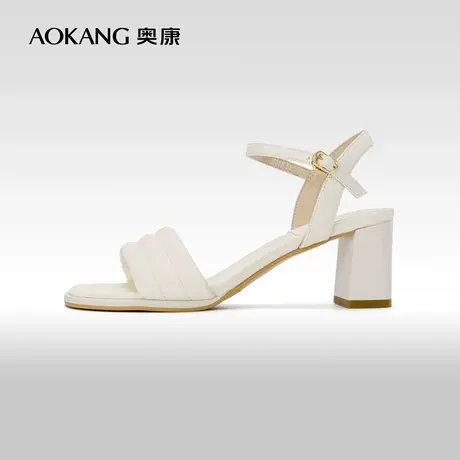 奥康女鞋 夏季新款淑女百搭方跟增高露趾一字带女凉鞋通勤风商品大图