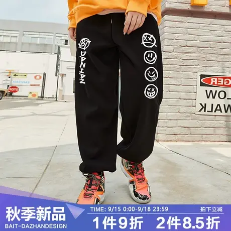 裤子男士卫裤潮牌ulzzang设计感笑脸秋季黑色oversize宽松休闲裤商品大图