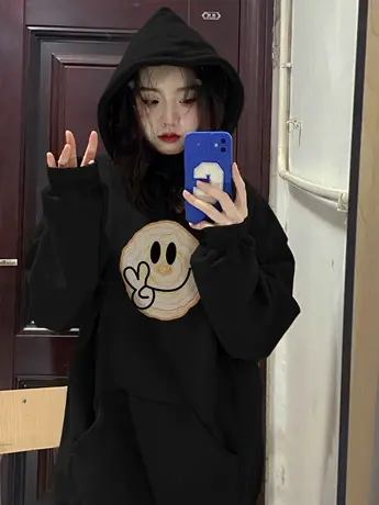 秋冬加绒加厚连帽卫衣女小个子宽松美式hiphop复古港风chic外套图片