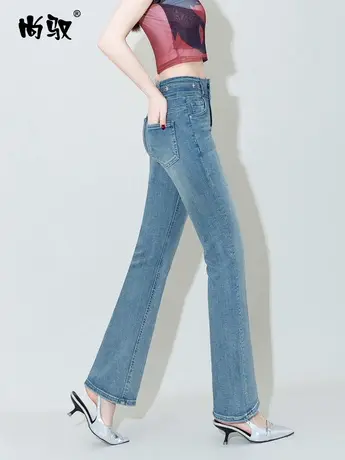 尚驭蓝色弹力高腰牛仔高腰喇叭裤2024年春季新款显高显瘦微喇裤子图片