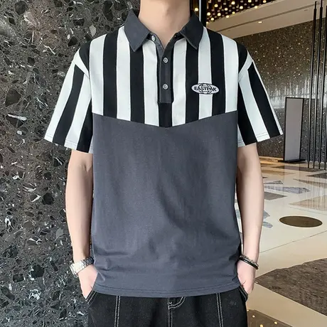 潮流拼接撞色条纹翻领男士Polo衫时尚休闲青年刺绣夏季短袖T恤男t商品大图