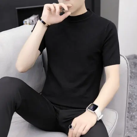 2023秋季新款短袖毛衣男士薄款中领针织衫潮流纯色半袖半高领线衣商品大图
