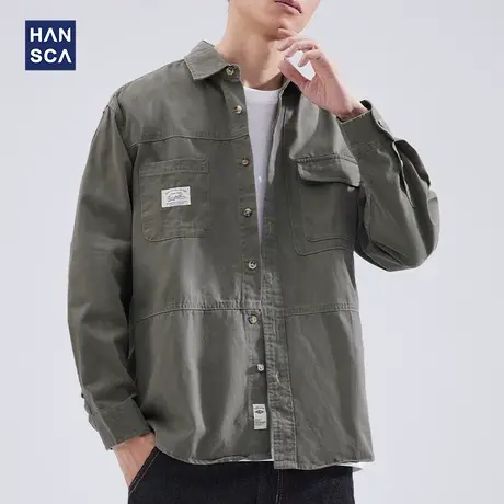 hansca工装衬衫男士外套春季日系复古潮流宽松休闲高级感纯色长袖商品大图