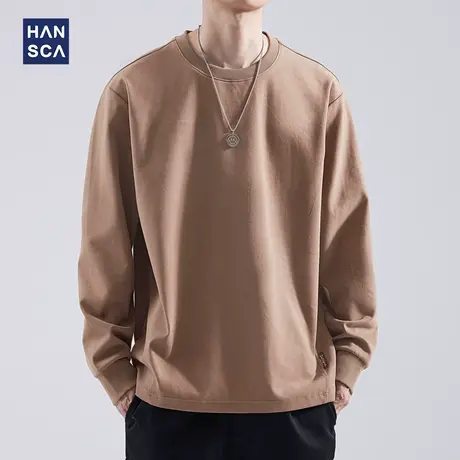 hansca 宽松圆领长袖T恤男2023年秋季新款简约纯色休闲百搭打底衫商品大图