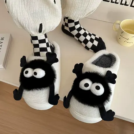 可爱小煤球棉拖鞋女ins外穿秋冬季室内家用防滑毛绒加厚保暖棉鞋商品大图